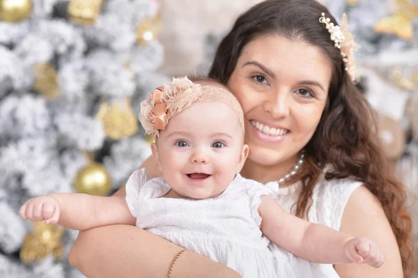 Close Portrait Mother Holding Cute Little Daughter Room Decorated Christmas — Stock Photo, Image