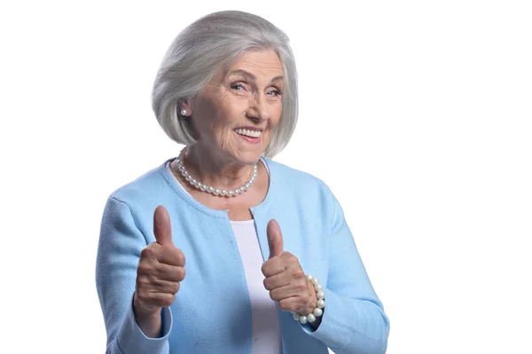 Portrait Beautiful Senior Woman Showing Thumbs White Background — Stock Photo, Image