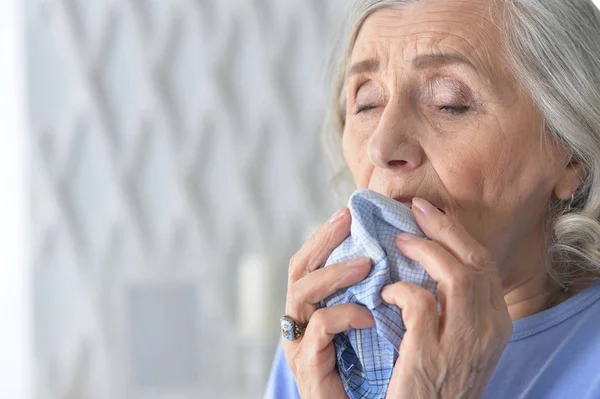 Close Portrait Sick Senior Woman Handkerchief — Stock Photo, Image