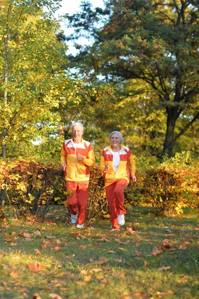 Glücklich Fittes Senioren Paar Joggt Herbstpark — Stockfoto