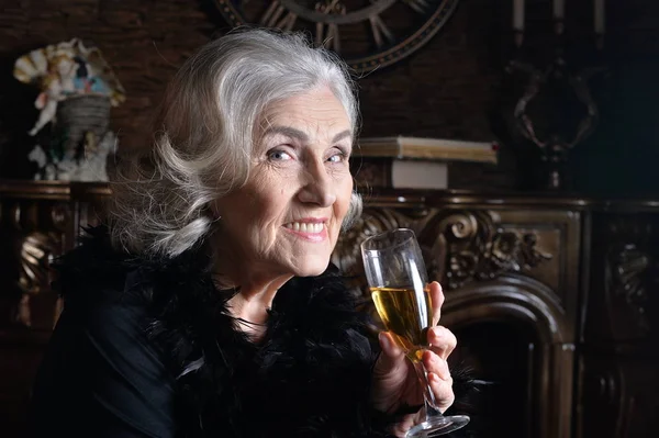 Portrait Senior Smiling Woman Champagne — Stock Photo, Image