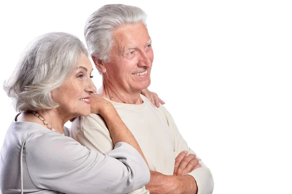 Portrait Heureux Couple Personnes Âgées Posant Isolé Sur Fond Blanc — Photo