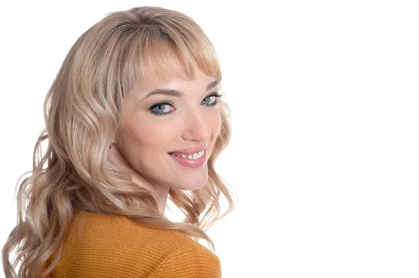 Retrato Hermosa Mujer Feliz Posando Aislado Blanco — Foto de Stock