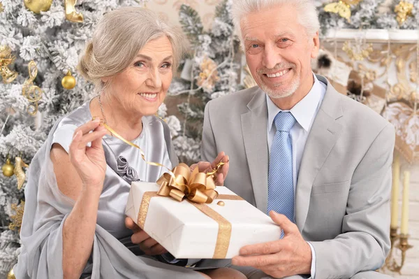 Old couple with Christmas present — Stock Photo, Image