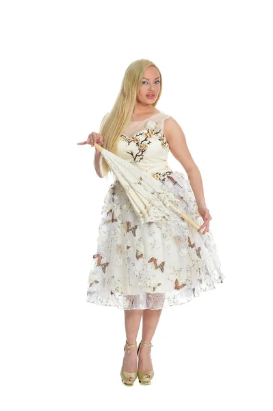 Portret Van Mooie Vrouw Poseren Met Paraplu Geïsoleerd Wit — Stockfoto