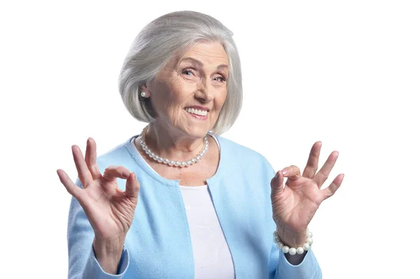 Porträt Einer Schönen Seniorin Mit Zeichen Vor Weißem Hintergrund — Stockfoto
