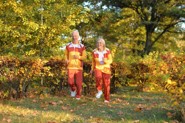 Happy Fit Casal Sênior Jogging Parque Outono — Fotografia de Stock