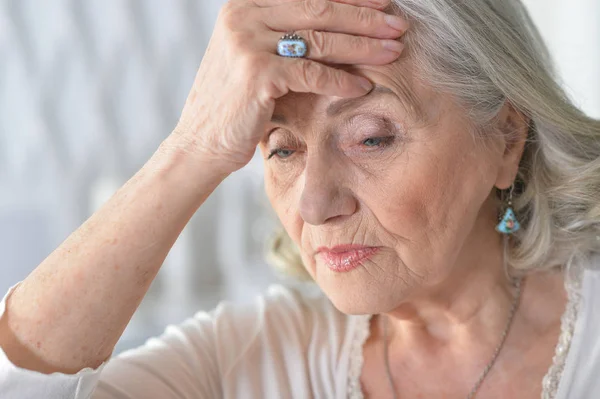 Close Portrait Sad Senior Woman Headache — Stock Photo, Image