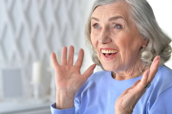 Portrait Happy Senior Woman Posing Home — Stock Photo, Image