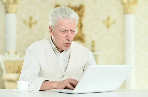 Close Portrait Thoughtful Senior Man Using Laptop Home — Stock Photo, Image