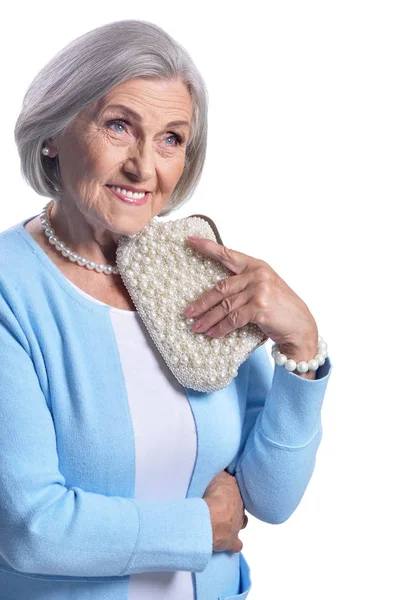 Retrato Bela Mulher Sênior Posando Contra Fundo Branco — Fotografia de Stock