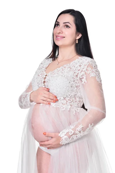 Hermosa Mujer Embarazada Posando Aislada Sobre Fondo Blanco — Foto de Stock