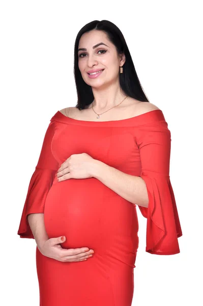 Hermosa Mujer Embarazada Posando Aislada Sobre Fondo Blanco — Foto de Stock