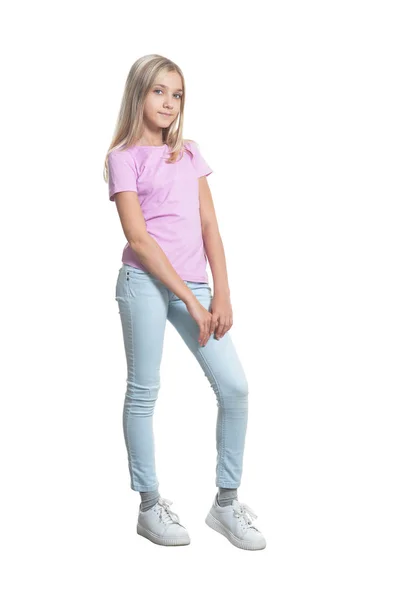 Volledige Lengte Portret Van Schattig Meisje Casual Kleding Poseren Geïsoleerd — Stockfoto