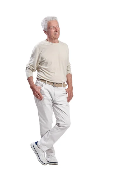 Starší Muž Pózuje Bílém Pozadí — Stock fotografie