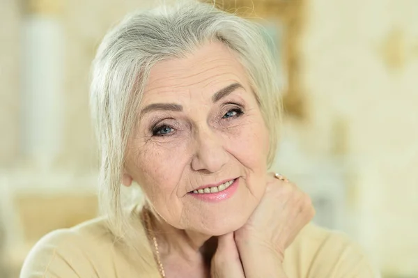 Portrait Happy Senior Woman Posing Home — Stock Photo, Image