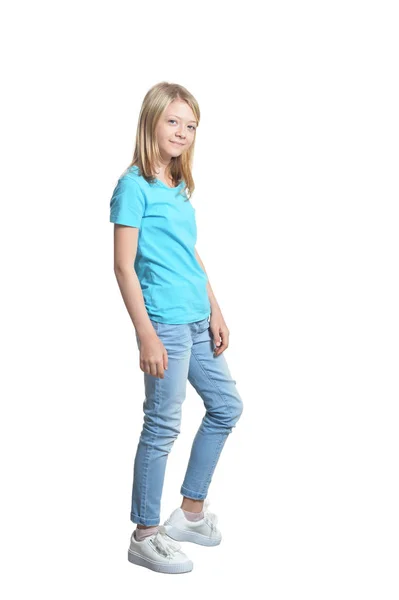 Volledige Lengte Portret Van Schattig Meisje Casual Kleding Poseren Geïsoleerd — Stockfoto