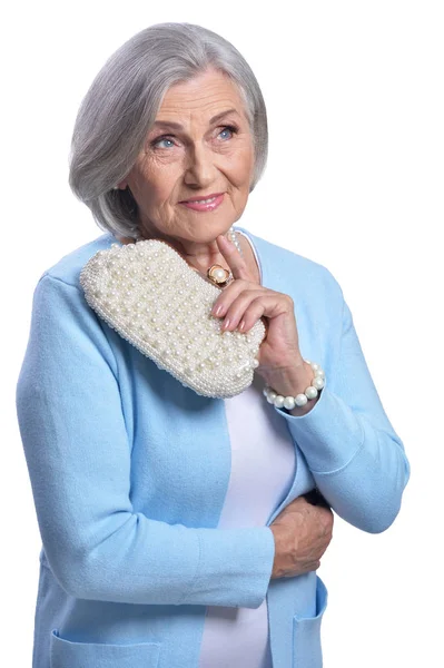 Portret Van Mooie Senior Vrouw Poseren Tegen Witte Achtergrond — Stockfoto