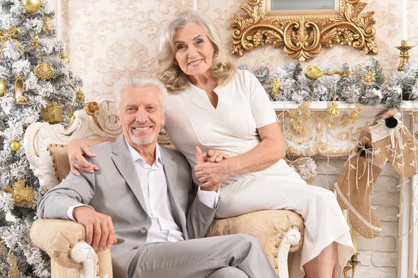 Portrait Happy Senior Couple Sitting Armchair Room Decorated Christmas Holiday — Stock Photo, Image