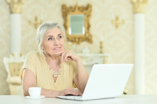 Senior Kvinna Sitter Vid Bord Med Laptop — Stockfoto