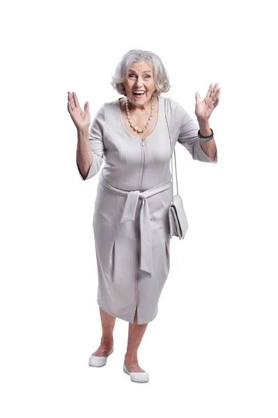 Portret Van Mooie Senior Vrouw Poseren Tegen Witte Achtergrond — Stockfoto