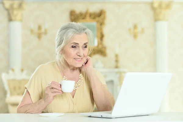 ノート パソコンとテーブルに座っている年配の女性 — ストック写真