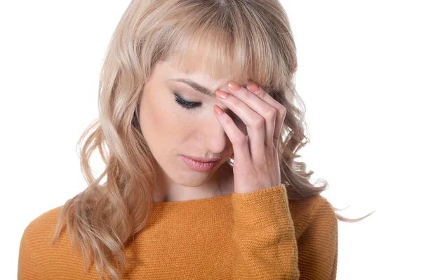 Portret Van Mooie Triest Vrouw Poseren Geïsoleerd Wit — Stockfoto