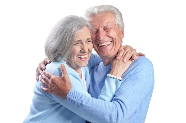 Portret Van Gelukkige Senior Paar Poseren Geïsoleerd Witte Achtergrond — Stockfoto