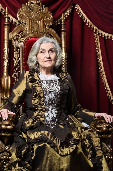 Beautiful Senior Woman Queen Throne — Stock Photo, Image