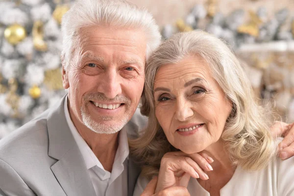 Portret Van Senior Paar Met Wazig Kerstversiering Knuffelen Achtergrond — Stockfoto