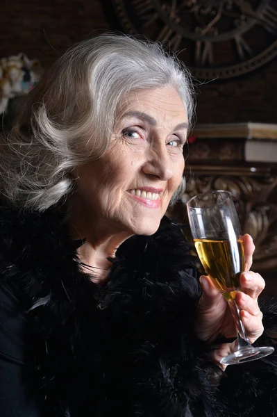 Porträtt Senior Leende Kvinna Med Champagne — Stockfoto