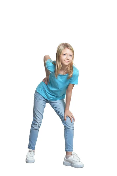 Volledige Lengte Portret Van Schattig Meisje Casual Kleding Poseren Geïsoleerd — Stockfoto