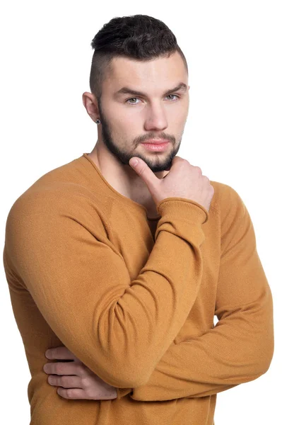 Knappe Jonge Man Poseren Geïsoleerd Witte Achtergrond — Stockfoto