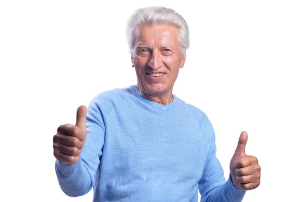 Happy Senior Man Showing Thumbs Isolated White Background — Stock Photo, Image