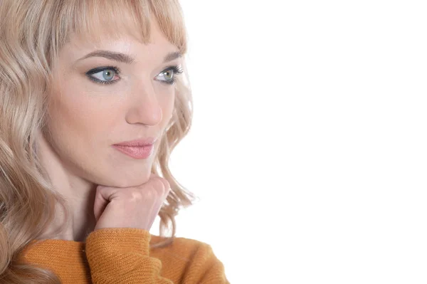 Retrato Hermosa Mujer Feliz Posando Aislado Blanco — Foto de Stock