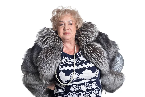 Senior Woman Fur Coat Posing White Background — Stock Photo, Image