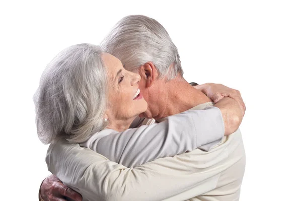 Porträt Eines Glücklichen Senioren Paares Das Sich Auf Weißem Hintergrund — Stockfoto