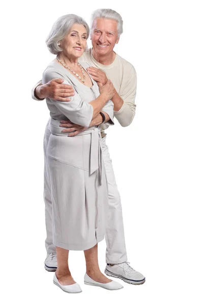 Retrato Feliz Casal Sênior Posando Isolado Fundo Branco — Fotografia de Stock