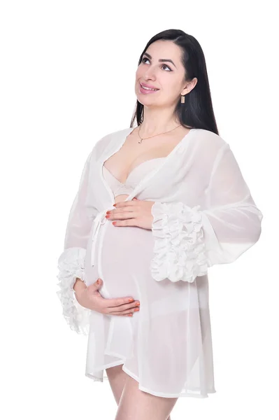 Belle Femme Enceinte Posant Isolée Sur Fond Blanc — Photo