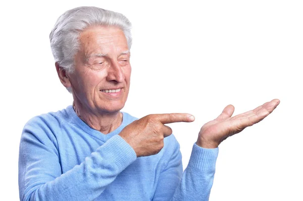 Happy Senior Man Pointing Right Isolated White Background — Stock Photo, Image