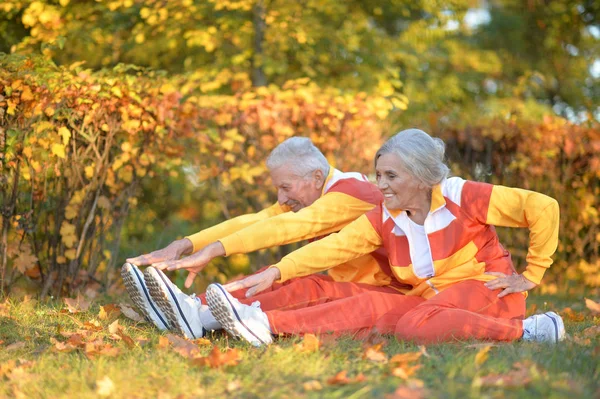 Šťastný Pár Vysokých Dělat Cvičení Podzimní Park — Stock fotografie