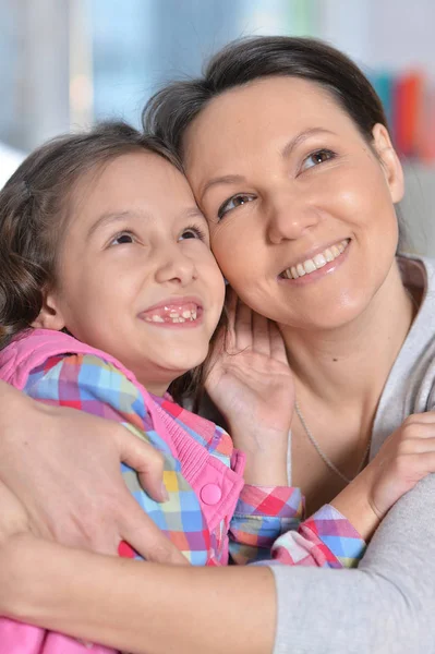 Close Portrait Charming Little Girl Mom Home — Stock Photo, Image