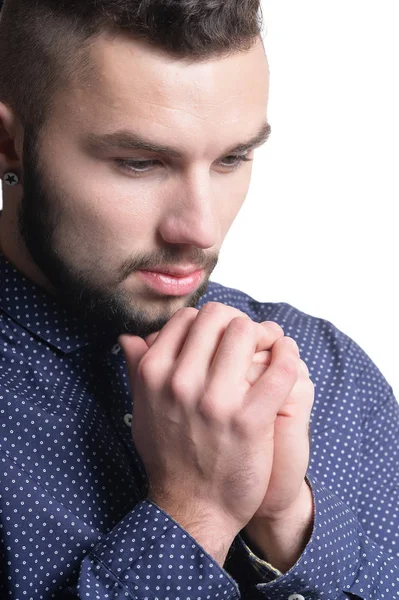 Bello Giovane Uomo Posa Isolato Sfondo Bianco — Foto Stock