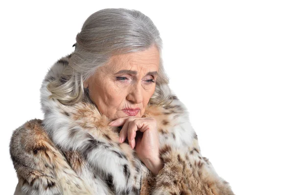 Грустная Пожилая Женщина Позирует Изолированно Белом Фоне — стоковое фото