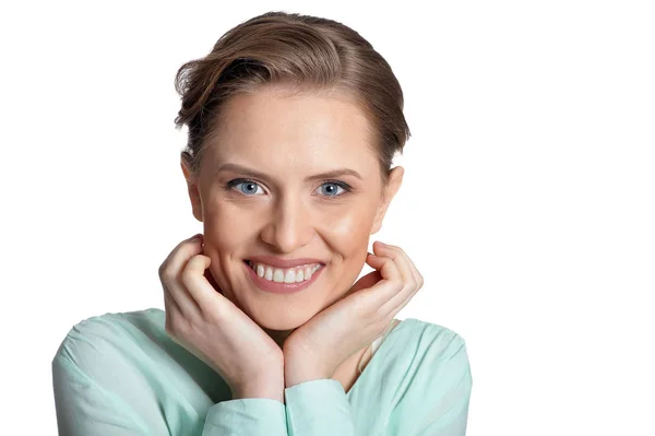 Portrait Jeune Femme Heureuse Isolée Sur Fond Blanc — Photo