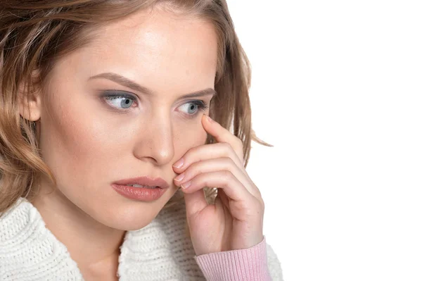 Portrait Sad Young Woman Isolated White Background — Stok Foto