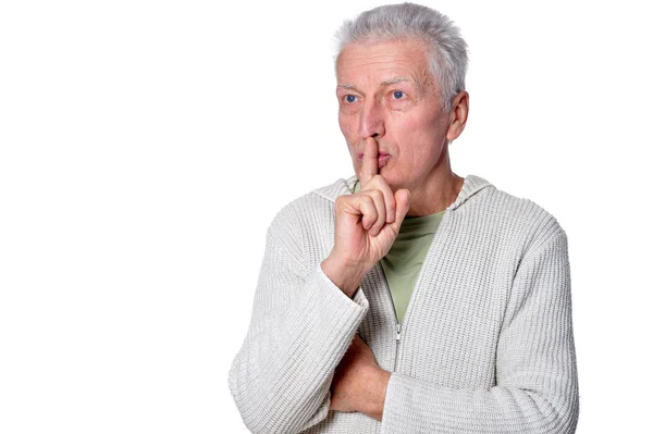 Retrato Hombre Mayor Confiado Haciendo Gesto Silencio Aislado Sobre Fondo —  Fotos de Stock