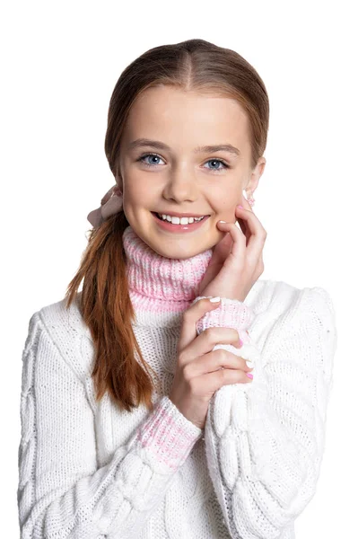 Schattig Meisje Casual Kleding Poseren Geïsoleerd Witte Achtergrond — Stockfoto