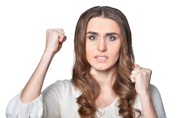 Portrait Angry Young Woman Posing White — Stock Photo, Image