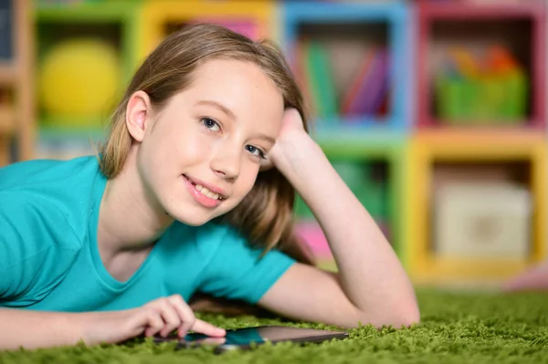 Cute Girl Digital Tablet Floor — Stock Photo, Image